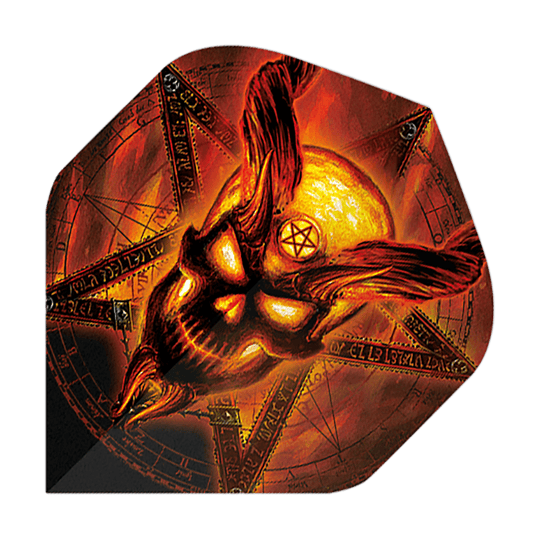 Alchemy Burning Temple No2 Vols standards Das Bild zeigt einen Dartflight mit einem brennenden, dämonischen Schädel und einem Pentagramm im Hintergrund. Die Farben sind hauptsächlich in Rot-, Orange- und Gelbtönen gehalten, was das feurige Design betont.