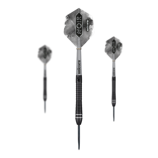 Gary Anderson, champion du monde de la licorne, fléchettes Steeldarts Noir Phase 6 Das Bild zeigt drei Steeldarts des Modells „Unicorn World Champion Gary Anderson Noir Phase 6“. Die Pfeile sind schwarz-silber und tragen die Aufschrift „NOIR“ und „unicorn“ auf den Flights.