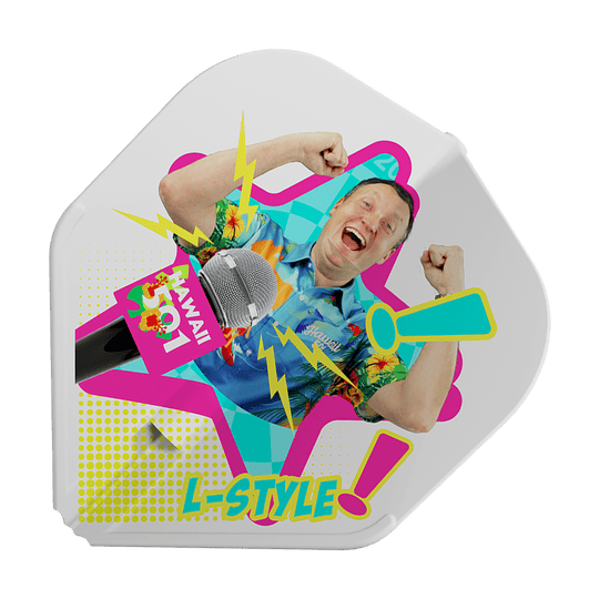 Vols blancs Wayne Mardle Type B L1EZ de style L Das Bild zeigt das Produkt "L-Style Wayne Mardle Type B L1EZ White Flights" mit einem bunten Design. In der Mitte ist eine fröhliche Person abgebildet, umgeben von Mikrofon, Blitzen und dem Schriftzug "L-Style".