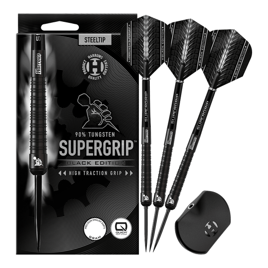 Fléchettes en acier à pointe rapide Harrows Supergrip 90 Black Edition Harrows Supergrip 90 Black Edition Quick Point Steeldarts zeigen ein edles schwarzes Aussehen. Sie sind perfekt für ambitionierte Dartspieler geeignet.