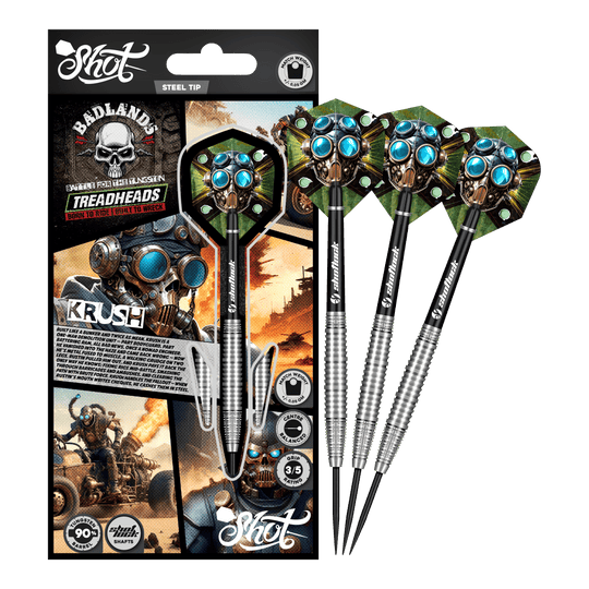 Dargestellt ist das komplette Shot Badlands Krush Steeldarts Set. Das Produkt ist ideal zum gezielten Werfen.