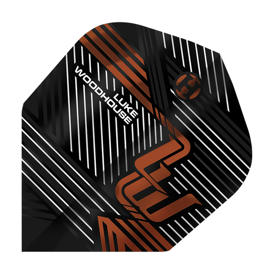 Vols de la saison 2 de Luke Woodhouse de Harrow Das Bild zeigt das Produkt "Harrows Luke Woodhouse Series 2 Flights". Auf dem Flight sind schwarze, weiße und kupferfarbene Linien mit dem Namen "Luke Woodhouse" abgebildet.