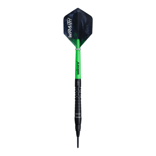 Fléchettes souples Unicorn Wraith Gary Anderson Phase 6 - 20 g Unicorn Wraith Gary Anderson Phase 6 Softdarts mit einem Gewicht von 20g ist zu sehen. Der Softdart wird von der Seite gezeigt.