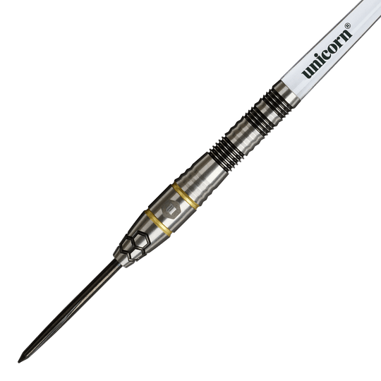 Fléchettes en acier Unicorn Hexium Style 01 Noir et Or Auf diesem Foto sind die Unicorn Hexium Style 01 Black & Gold Steeldarts zu sehen. Die Darts heben sich durch ihr elegantes Design in Schwarz und Gold hervor.