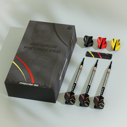 Fléchettes souples Precise 180 Ricardo Pietreczko GEN1 Zu sehen ist das Produkt Precise 180 Ricardo Pietreczko GEN1 Softdarts. Diese Darts wurden für professionelle Dartspieler entworfen.