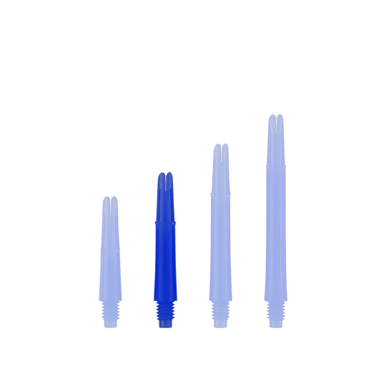 Arbres en L verrouillés droits - Bleus Auf dem Bild sind vier blaue Dartschäfte in unterschiedlichen Längen zu sehen. Sie stehen nebeneinander aufrecht vor weißem Hintergrund.