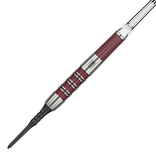 Fléchettes souples Target Stephen Bunting 95K - 19 g Das Bild zeigt einen Target Stephen Bunting 95K Softdart mit einem Gewicht von 19 Gramm. Der Dart hat ein silbernes und rotes Griffdesign mit einer schwarzen Softspitze.