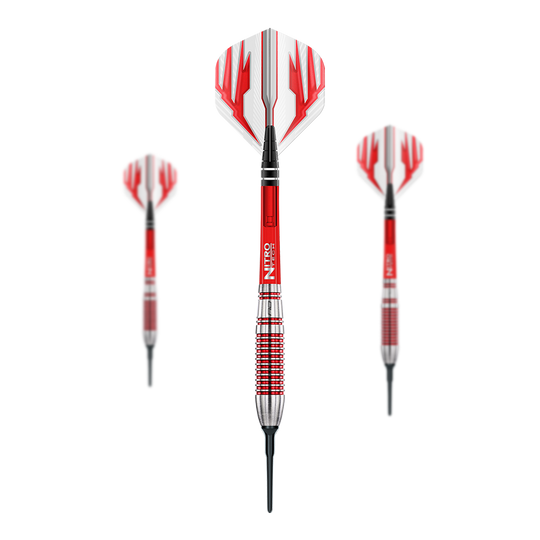 Fléchettes souples Red Dragon Reflex - 22 g Das Bild zeigt drei Red Dragon Reflex Softdarts mit einem Gewicht von 22 g. Die Darts haben rote und silberne Griffe sowie weiße Flights mit roten Mustern.