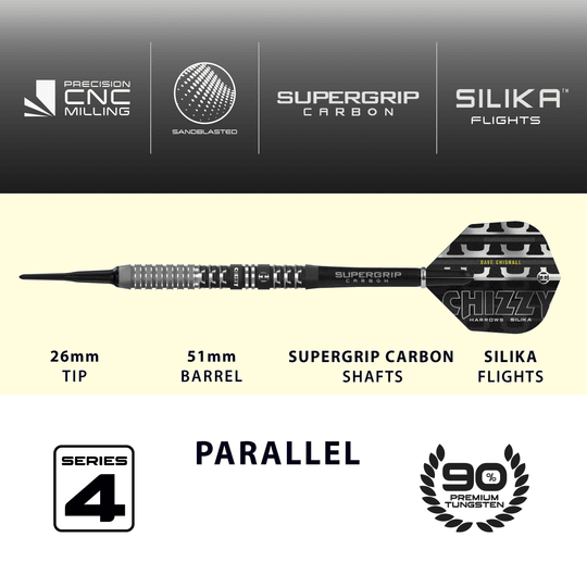 Fléchettes souples Dave Chisnall Chizzy Series 4 de Harrow Das Produkt ist die Harrows Dave Chisnall Chizzy Series 4 Softdarts. Es richtet sich an Spieler, die Softdarts bevorzugen.