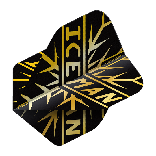 Das Bild zeigt einen schwarzen Dart Flight mit goldfarbenem Schneeflockenmuster und dem Schriftzug "ICEMAN". Es handelt sich um das Produkt "Red Dragon Hardcore Gerwyn Price Gold Snowflake Standard Flights".