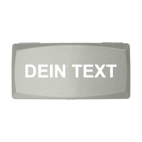 Boîte en ABS avec impression personnalisée Auf dem Bild ist eine graue Box zu sehen. Auf der Box steht in weißen Buchstaben "DEIN TEXT".
