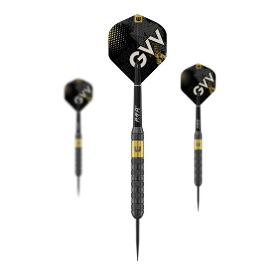 Winmau Gian Van Veen Core Brass Steeldards - 21g Abgebildet ist ein Set von Winmau Gian Van Veen Core Brass Steeldarts 21g. Die drei Darts sind nebeneinander angeordnet.