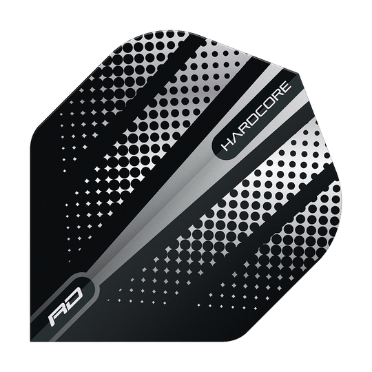 Das Bild zeigt ein Dartflight mit dem Namen "Red Dragon Hardcore Radical Black Flash Standard Flights". Das Design ist schwarz mit silbernen Punkten und Streifen sowie der Aufschrift "HARDCORE".