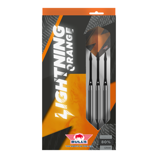 Fléchettes en acier orange Bulls NL Lightning Das Bild zeigt die Verpackung der "Bulls NL Lightning Orange Steeldarts". In der Packung befinden sich drei Steeldarts mit orange-schwarzem Design.
