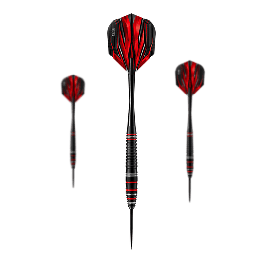 Fléchettes en acier allié de haute qualité Harrows Fire Auf dem Bild sind die Harrows Fire High Grade Alloy Steeldarts zu sehen. Die Darts haben ein schwarzes Design mit roten Flammen auf den Flights.