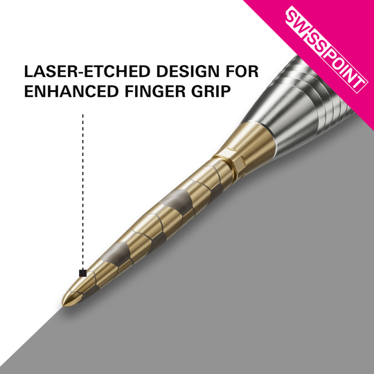 Pointes de fléchettes Target Swiss Storm Onyx Point - Or Das Bild zeigt die goldene Target Swiss Storm Onyx Point Dartspitze mit einem lasergravierten Design. Dieses Design sorgt für einen verbesserten Fingergriff.