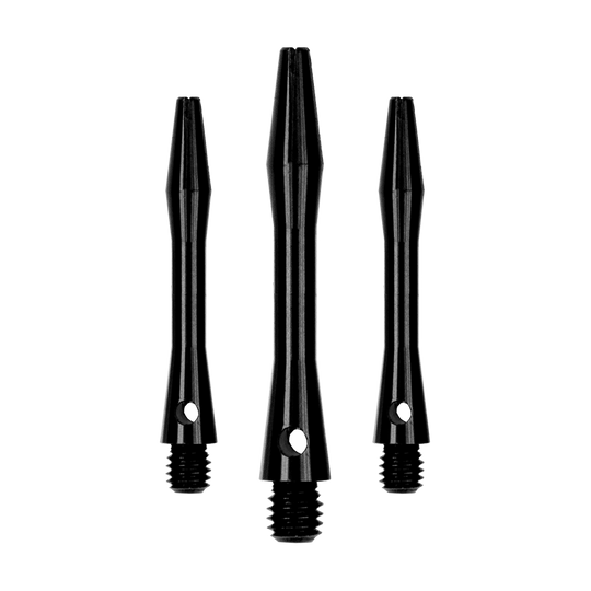 502_Aluminium_Shafts_Schwarz_35mm_1XKTtpXFq41LtL Das Bild zeigt drei schwarze Aluminiumschäfte, die nebeneinander stehen. Sie sind in unterschiedlichen Längen und haben ein glänzendes, glattes Finish.