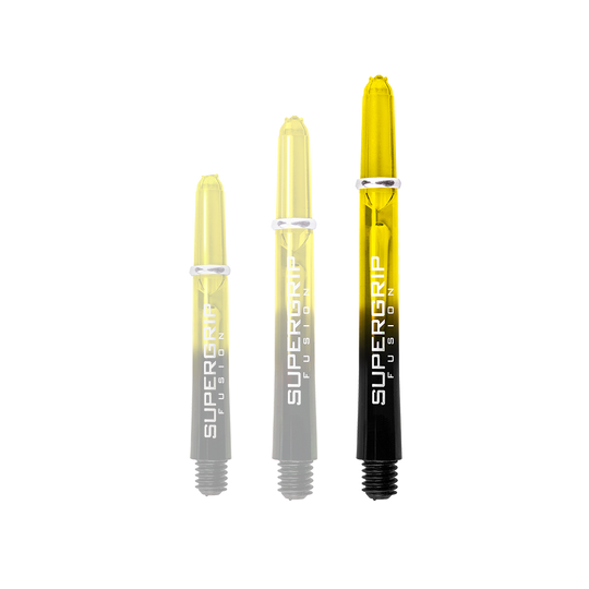 Das Bild zeigt drei Harrows Supergrip Fusion Shafts in der Farbe Gelb. Die Shafts sind in verschiedenen Längen angeordnet und haben ein modernes, transparentes Design.