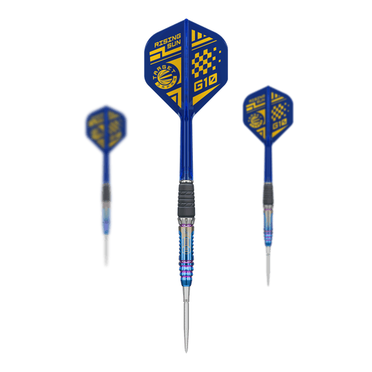 Fléchettes en acier Target Japan Rising Sun GEN10 Swiss Point Abgebildet sind die Target Japan Rising Sun GEN10 Swiss Point Steeldarts als komplettes Set. Die Darts werden mit Schaft und Flights präsentiert.