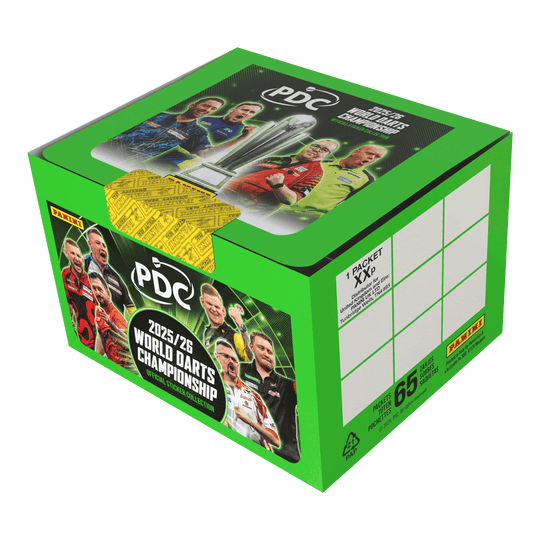 Panini PDC Championnat du monde de fléchettes 2025/26 - Boîte d'autocollants contenant 65 paquets Abgebildet ist die Panini PDC World Darts Championship 2025/26 Stickerbox mit 65 Tüten. Diese Box enthält Stickertüten zum Sammeln von Motiven des Darts-Turniers.