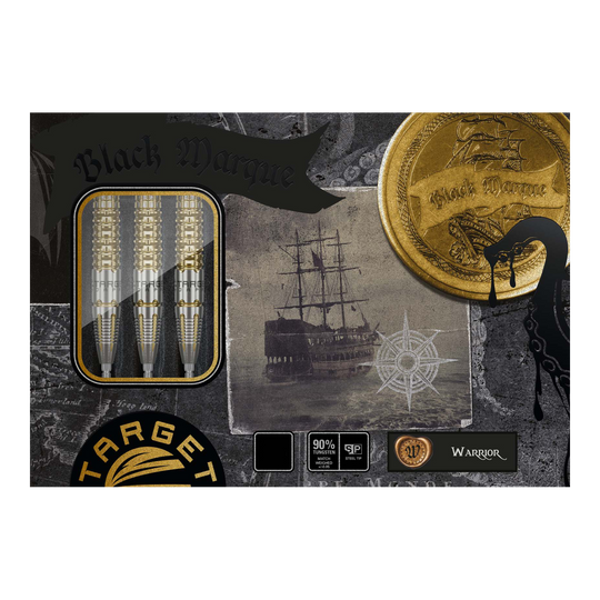 Fléchettes en acier Target Black Marque Warrior Swiss Point Das Bild zeigt die Verpackung der "Target Black Marque Warrior Swiss Point Steeldarts". Auf der Verpackung sind außerdem ein altes Segelschiff, eine goldene Münze und drei Darts abgebildet.