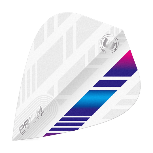 Vols de cerf-volant Winmau Delta blanc bleu violet Das Bild zeigt ein weißes Dart-Flight mit blauen und violetten Akzenten. Das Design ist modern mit geometrischen Mustern und trägt die Aufschrift „PRISM DELTA“.