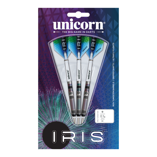 Fléchettes en acier Unicorn Iris Das Bild zeigt eine Verpackung mit drei Steeldarts der Marke "Unicorn Iris". Die Darts haben silberne Schäfte und blaue Flights, und die Verpackung ist bunt gestaltet.