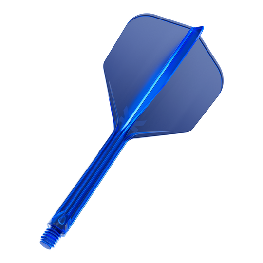 Das Bild zeigt einen blauen Dartflügel mit Schaft. Der Dartflügel ist durchsichtig und hat eine Schraubverbindung am unteren Ende.