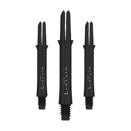 Arbres en carbone de style L Das Bild zeigt drei schwarze Dartschäfte aus Carbon der Marke L-style. Die Schäfte sind ohne Kappen und haben eine Länge von 39 mm.