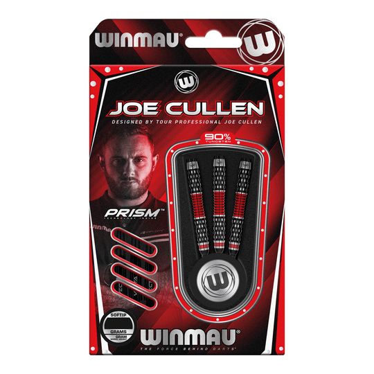 Fléchettes souples Winmau Joe Cullen Rockstar Series RS1 - 20 g Die Abbildung zeigt die Winmau Joe Cullen Rockstar Series RS1 Softdarts mit 20g Gewicht. Die Darts sind in einer rot-schwarzen Verpackung und enthalten 90% Tungsten.