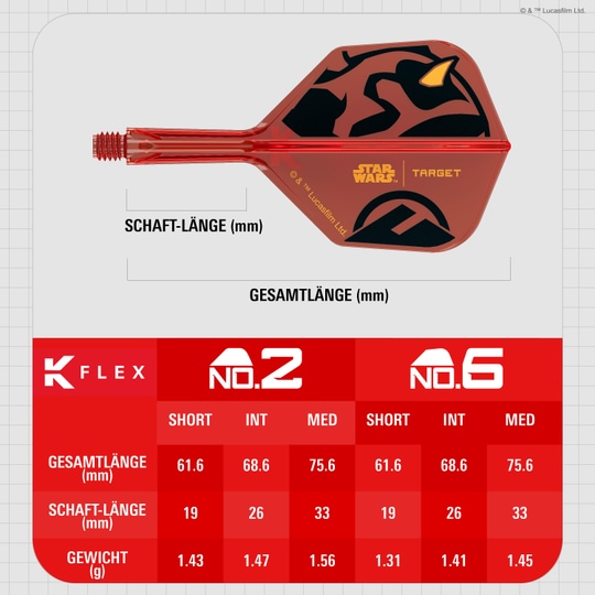Das Bild zeigt die Target Star Wars K-Flex Darth Maul No6 Flights. Die Dartflights sind im Stil von Darth Maul aus Star Wars gestaltet.
