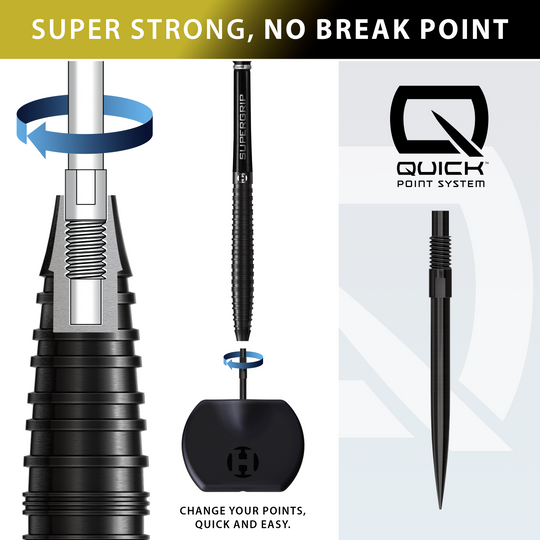 Fléchettes en acier Harrows NX90 Black Edition à pointe rapide conique Auf dem Bild sind die Harrows NX90 Black Edition Tapered Quick Point Steeldarts zu sehen. Diese schwarzen Steeldarts sind für Präzision und Kontrolle konzipiert.