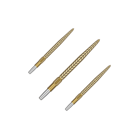 Auf dem Bild sind drei goldene Dartspitzen mit silbernen Enden zu sehen. Sie sind fein gearbeitet und haben ein geprägtes Muster auf der Oberfläche.