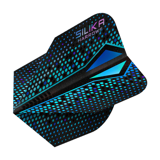 Harrows Silika Colorshift Revêtement cristallin résistant Blue-X No6 Vols Das Bild zeigt einen Harrows Silika Colourshift Tough Crystalline Coating Blue-X No6 Flight. Das Dart-Flight hat ein schwarzes Design mit blauen und türkisfarbenen Punkten und geometrischen Mustern.