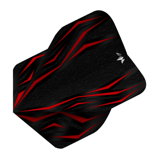 Vols standard Mission Lava Red No2 Das Bild zeigt einen Mission Lava Red No2 Standard Flight für Darts. Das Design ist überwiegend schwarz mit auffälligen roten Linien und einem kleinen weißen Logo.