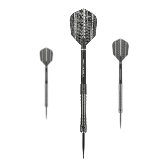 Fléchettes Harrows Supergrip en acier tungstène à 90 % Das Bild zeigt drei Harrows Supergrip 90% Tungsten Steeldarts. Die Darts haben ein silbernes Design mit schwarzem Schaft und Flight.
