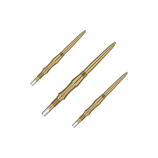 Embouts de fléchettes Target Swiss Point Signature RST - Or Das Bild zeigt ein Set von goldenen Target Swiss Point Dartspitzen Signature RST mit 30mm Länge. Die Spitzen sind ordentlich nebeneinander angeordnet.