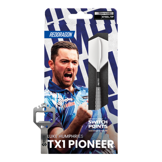 Gezeigt werden die Red Dragon Luke Humphries TX1 Pioneer Switch Point Steeldarts. Das Produkt ist für anspruchsvolle Dartspieler gedacht.