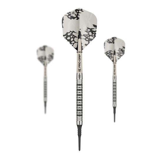 Fléchettes souples Target EXO 11 Das Bild zeigt drei Target EXO 11 Softdarts mit silbernen Griffen und schwarz-weißen Flights. Die Darts haben einen modernen, gestreiften Look und spitze Kunststoffspitzen.