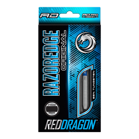 Fléchettes en acier Red Dragon Razor Edge Original Die Verpackung zeigt die "Red Dragon Razor Edge Original Steeldarts" mit einem Gewicht von 24 Gramm. Das Design ist blau-schwarz und hebt hervor, dass die Darts aus 95 % Tungsten bestehen.