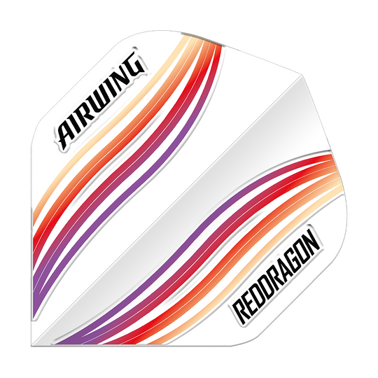 Vols standard Red Dragon Airwing Red Wave Das Bild zeigt ein Dartflight mit dem Namen „Red Dragon Airwing Red Wave Standard Flights“. Das Flight ist weiß mit roten, orangenen und lilafarbenen Wellenstreifen sowie den Aufschriften „AIRWING“ und „RED DRAGON“.