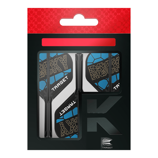Système de tige de vol standard Target K-Flex Josh Rock n° 2 Das Bild zeigt das Produkt "Target K-Flex Josh Rock No2 Standard Flight-Shaft-System" in seiner Verpackung. Die Flights sind schwarz, blau und weiß gestaltet und tragen den Schriftzug "ROCKY" sowie "TARGET".