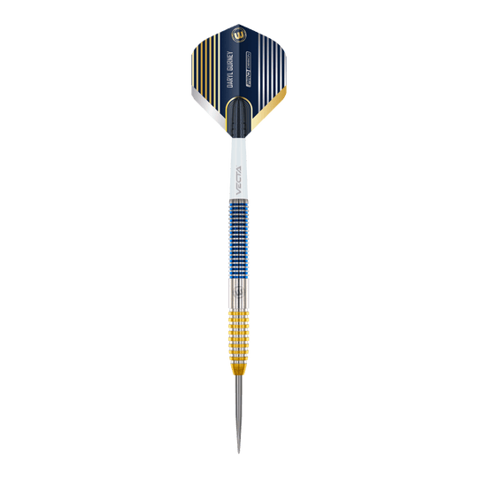 Fléchettes Winmau Daryl Gurney SC 1.0 Series - 23 g Dies ist ein Winmau Daryl Gurney SC 1.0 Series Steeldart mit einem Gewicht von 23g. Der Dart hat ein auffälliges Design mit blauen, goldenen und silbernen Akzenten.