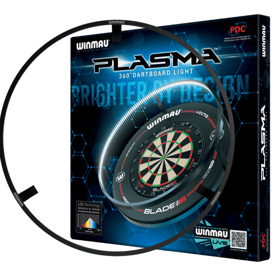 ENSEMBLE Winmau Plasma LED éclairage et surround Das Bild zeigt das Produkt "Winmau Plasma LED Beleuchtung und Surround Bundle" in seiner Verpackung. Es enthält eine LED-Beleuchtung für ein Dartboard sowie einen Schutzring.