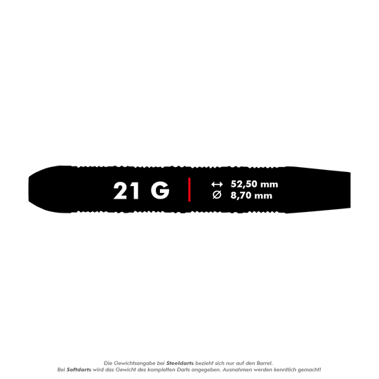 Das Bild zeigt die Produktinformationen für die Unicorn Top Brass V3 Steeldarts mit einem Gewicht von 21 Gramm. Die Darts haben eine Länge von 52,50 mm und einen Durchmesser von 8,70 mm.
