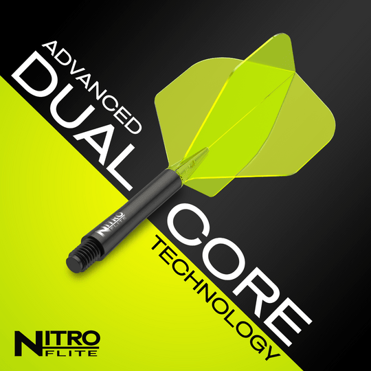 Red Dragon Nitroflite - Tige noire Ailettes jaunes n°2 Das Bild zeigt das Produkt "Red Dragon Nitroflite" mit schwarzem Schaft und gelben Flights. Auf dem Bild steht "Advanced Dual Core Technology" und "Nitroflite" als Markenname.