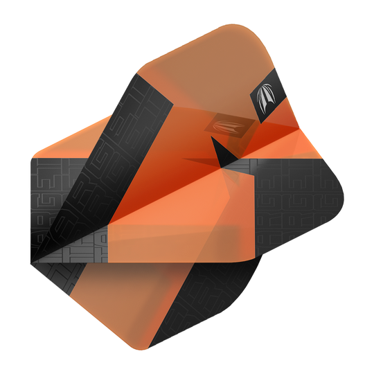 Ailettes standard Target Pro Ultra TAG Orange n° 2 - 3 jeux Das Bild zeigt orangefarbene und schwarze Dart-Flights mit einem modernen Design. Es handelt sich um das Produkt "Target Pro Ultra TAG Orange No2 Standard Flights - 3 Sets".