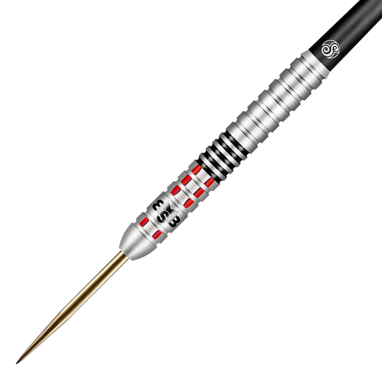 Shot Michael Smith atteint des fléchettes en acier Auf dem Bild ist ein Steeldart mit silbernem Barrel, roten Akzenten und schwarzem Griffbereich zu sehen. Es handelt sich um das Produkt "Shot Michael Smith Achieve Steeldarts".