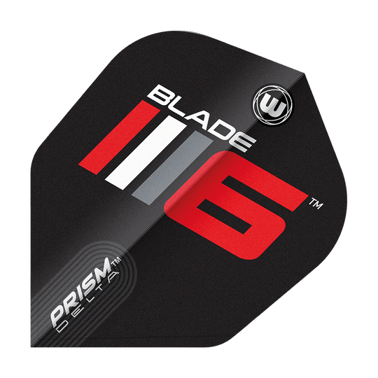 Volets Winmau Prism Delta Blade 6 n°6 Das Bild zeigt ein Dartflight mit dem Aufdruck "Blade 6" in auffälligen Farben. Unten links steht "Prism Delta" und das Design ist modern und sportlich.