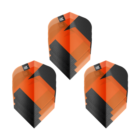Das Bild zeigt drei Sets von Target Pro Ultra TAG Orange Ten-X Standard Flights. Die Flights sind orange und schwarz gestaltet und haben ein modernes, geometrisches Muster.